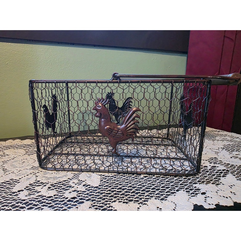Rustic Farmhouse Wire Basket 6 Compartment Metal Caddy Rooster Decor Bronze